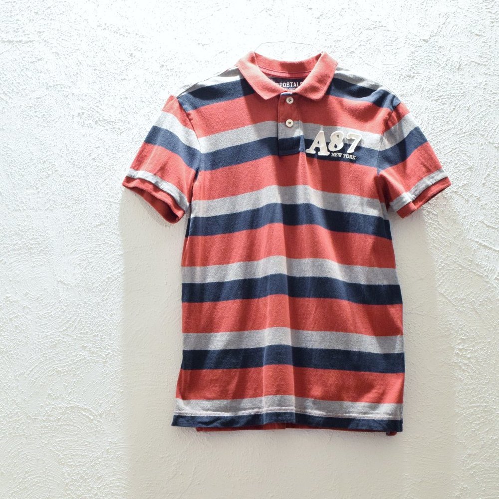 AEROPOSTALE Red Grey and Black Striped Cotton Striped Polo Shirt | Size M
